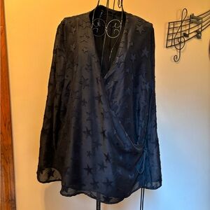 Design Lab Elegant Black Star Patterned Women's wrap jacket/top large 100% poly